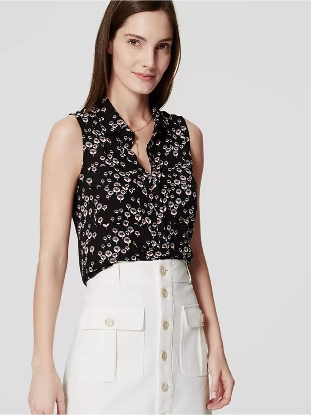 LOFT Dandelion Mixed Media Pocket Shell Blouse Black Floral XS